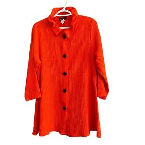 Yushi Orange Textured Seer Sucker Button Up Shirt Women's Size Large Made in USA